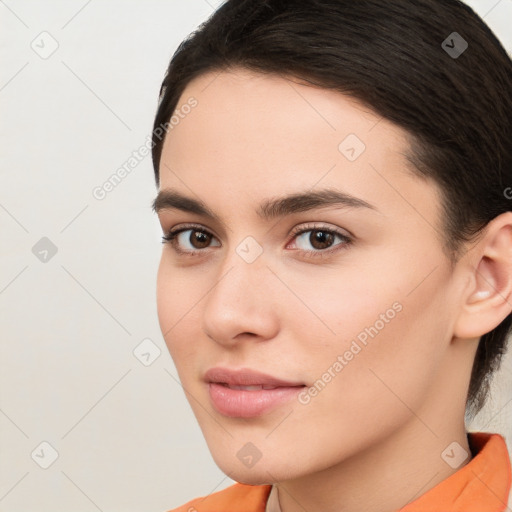 Neutral white young-adult female with medium  brown hair and brown eyes