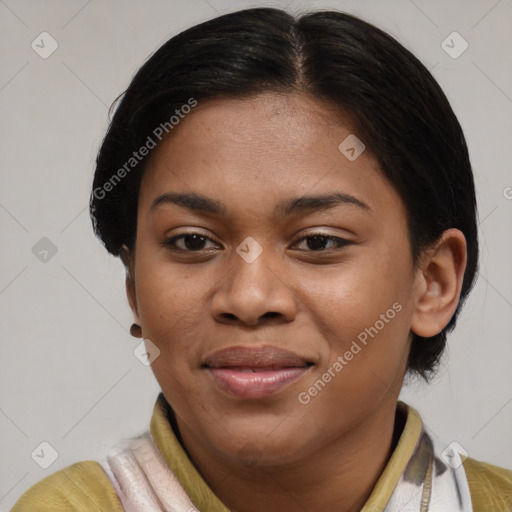 Joyful latino young-adult female with medium  brown hair and brown eyes