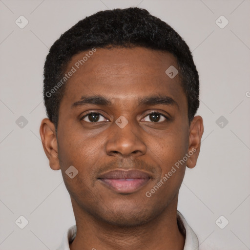 Joyful black young-adult male with short  black hair and brown eyes