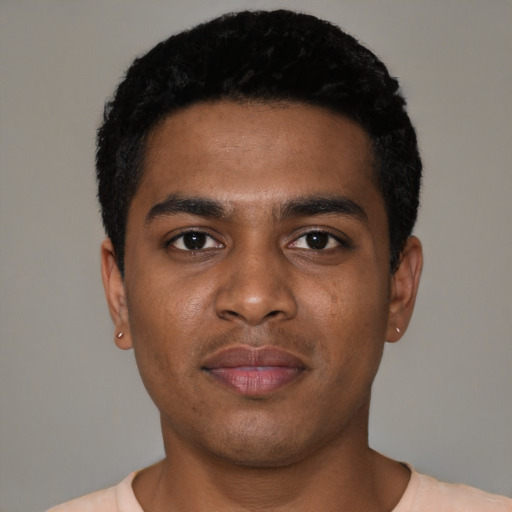 Neutral black young-adult male with short  black hair and brown eyes