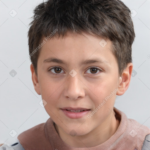 Joyful white child male with short  brown hair and brown eyes