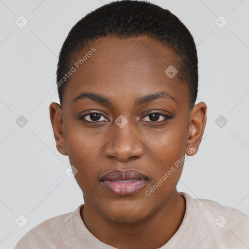 Neutral black young-adult female with short  black hair and brown eyes