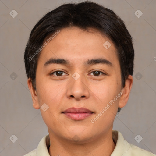 Joyful asian young-adult male with short  brown hair and brown eyes