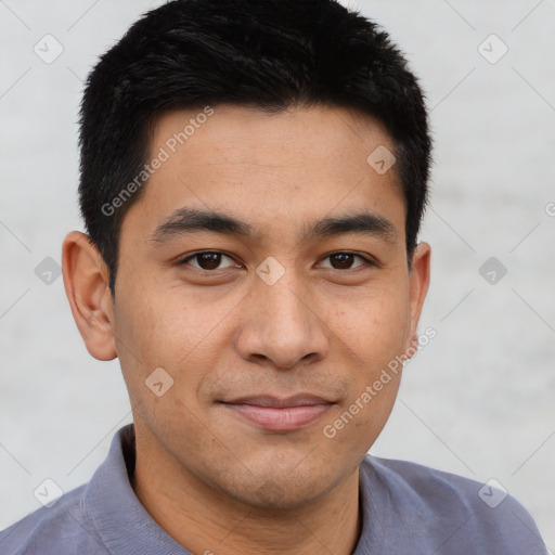 Joyful asian young-adult male with short  black hair and brown eyes