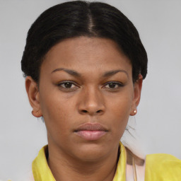 Neutral black young-adult female with short  brown hair and brown eyes