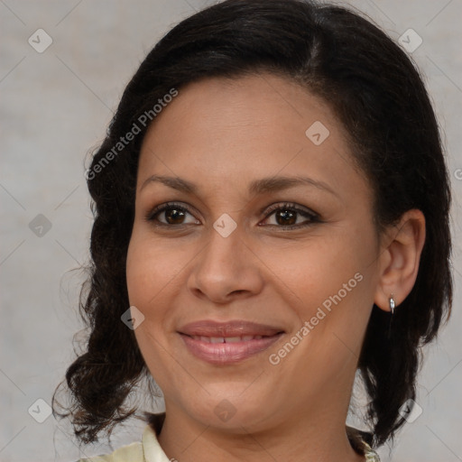 Joyful white adult female with medium  brown hair and brown eyes