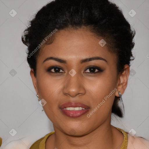 Joyful latino young-adult female with short  brown hair and brown eyes