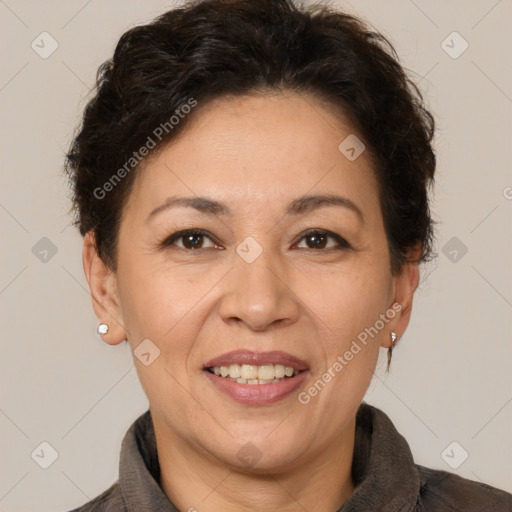 Joyful white adult female with short  brown hair and brown eyes