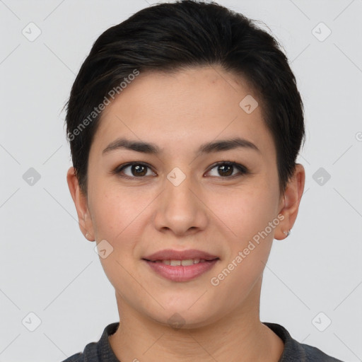 Joyful white young-adult female with short  brown hair and brown eyes