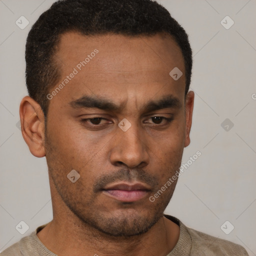 Neutral latino young-adult male with short  brown hair and brown eyes