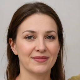 Joyful white adult female with medium  brown hair and brown eyes