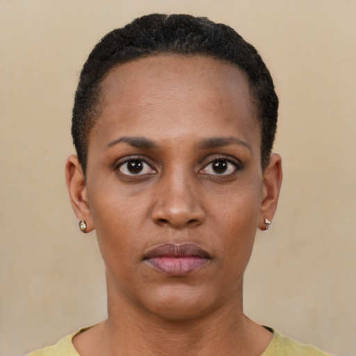 Neutral black young-adult female with short  black hair and brown eyes