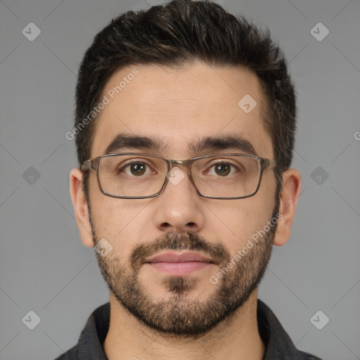 Neutral white young-adult male with short  brown hair and brown eyes