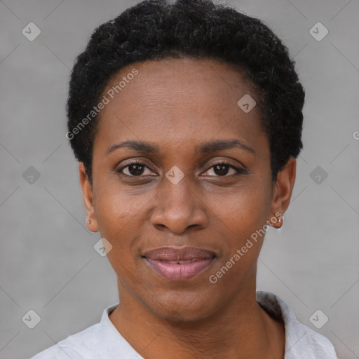 Joyful black adult female with short  black hair and brown eyes