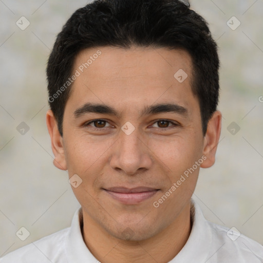 Joyful latino young-adult male with short  brown hair and brown eyes