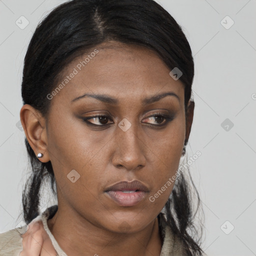 Neutral latino young-adult female with long  brown hair and brown eyes
