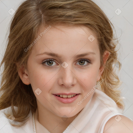 Joyful white child female with medium  brown hair and brown eyes