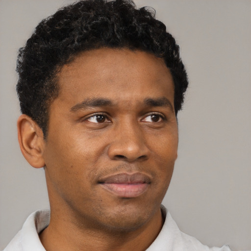 Neutral black young-adult male with short  black hair and brown eyes