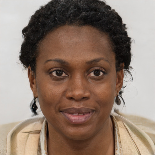 Joyful black young-adult female with short  brown hair and brown eyes