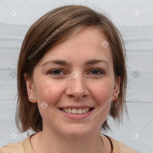 Joyful white young-adult female with medium  brown hair and brown eyes