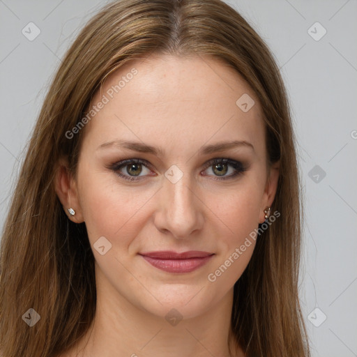 Joyful white young-adult female with long  brown hair and grey eyes