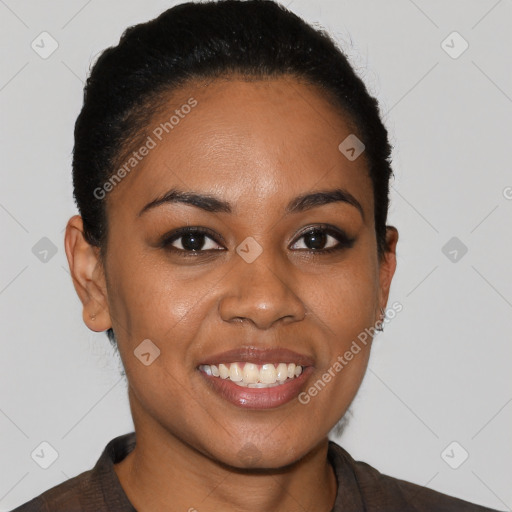 Joyful latino young-adult female with short  black hair and brown eyes