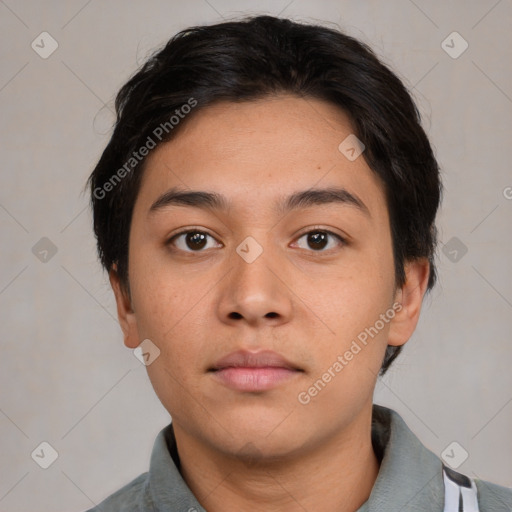 Neutral asian young-adult male with short  black hair and brown eyes