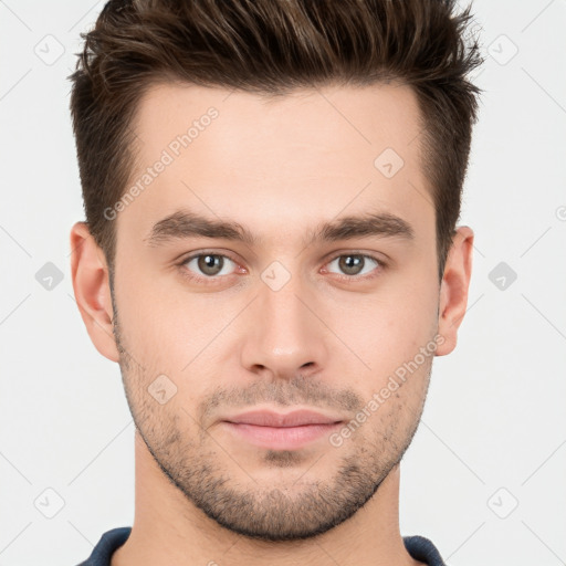 Neutral white young-adult male with short  brown hair and brown eyes