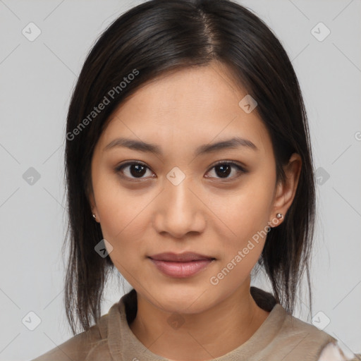 Joyful latino young-adult female with medium  brown hair and brown eyes