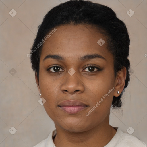 Neutral black young-adult female with short  black hair and brown eyes