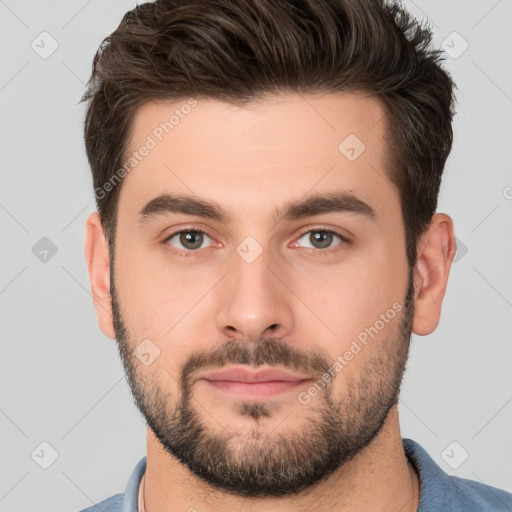 Neutral white young-adult male with short  brown hair and brown eyes