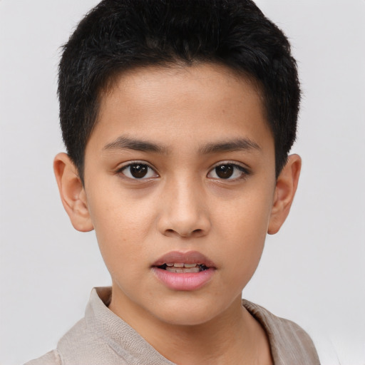 Joyful asian child male with short  brown hair and brown eyes
