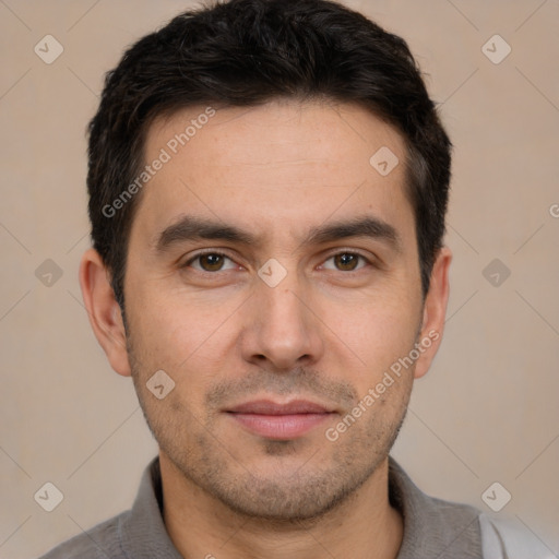 Joyful white young-adult male with short  brown hair and brown eyes