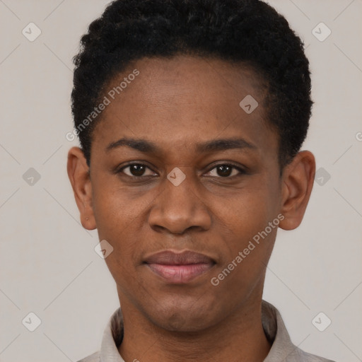 Joyful latino young-adult female with short  black hair and brown eyes