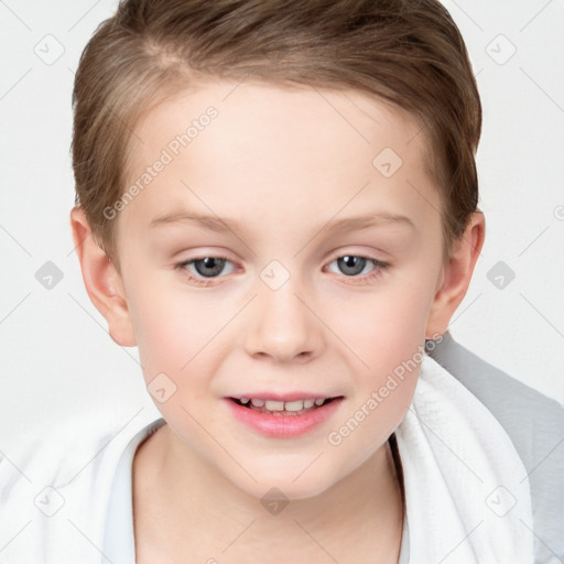 Joyful white child female with short  brown hair and brown eyes