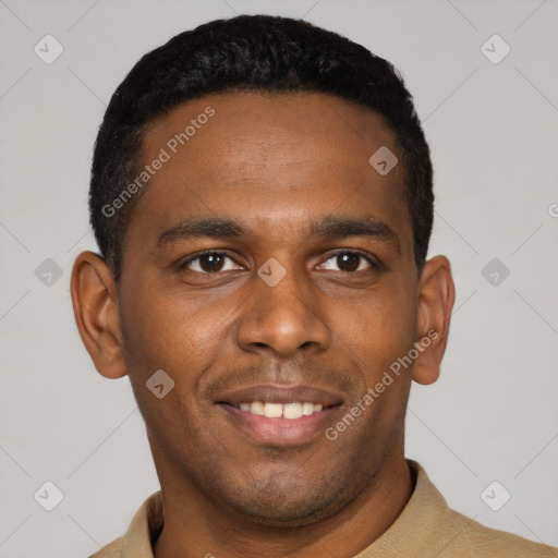 Joyful latino young-adult male with short  black hair and brown eyes