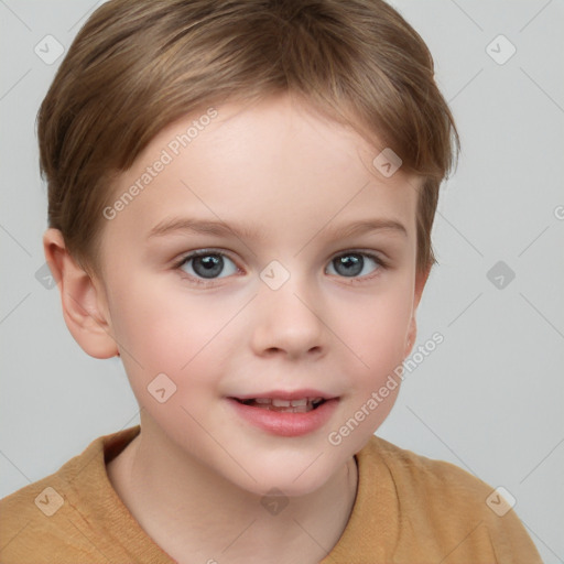 Joyful white child female with short  brown hair and grey eyes