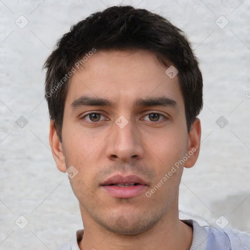 Neutral white young-adult male with short  brown hair and brown eyes