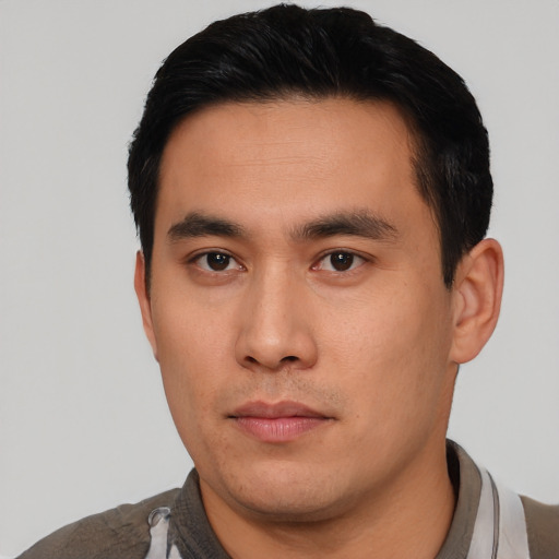 Neutral asian young-adult male with short  black hair and brown eyes