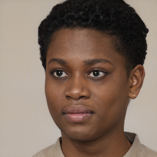 Neutral black young-adult female with short  black hair and brown eyes