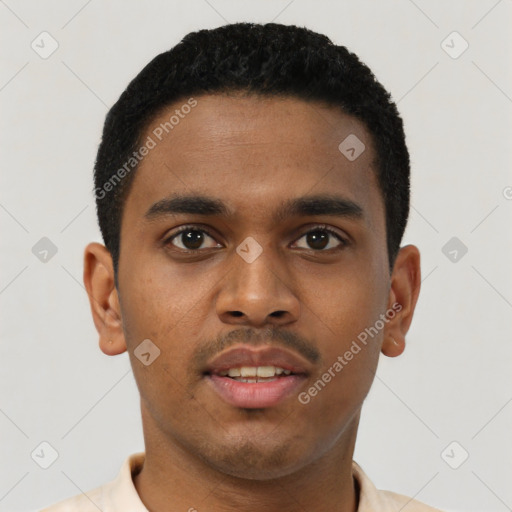 Neutral black young-adult male with short  brown hair and brown eyes