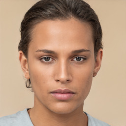 Neutral white young-adult female with short  brown hair and brown eyes