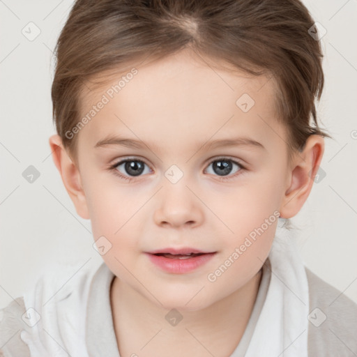 Joyful white child female with short  brown hair and brown eyes