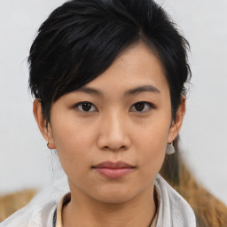 Neutral asian young-adult female with medium  brown hair and brown eyes