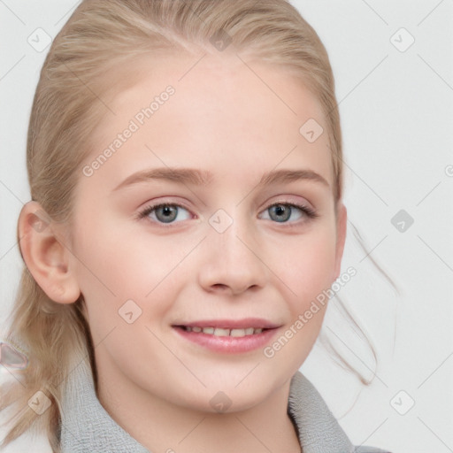 Joyful white child female with medium  brown hair and blue eyes