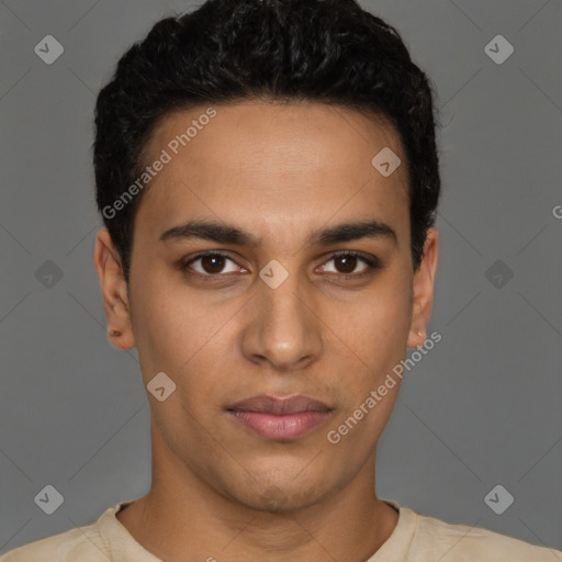 Neutral latino young-adult male with short  brown hair and brown eyes