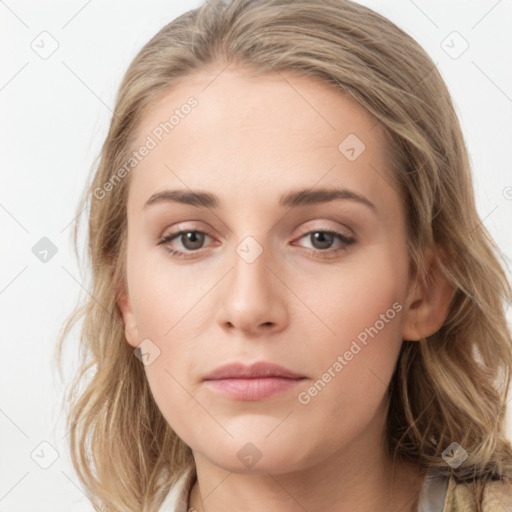 Neutral white young-adult female with long  brown hair and grey eyes