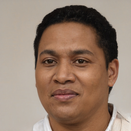 Joyful latino adult male with short  black hair and brown eyes