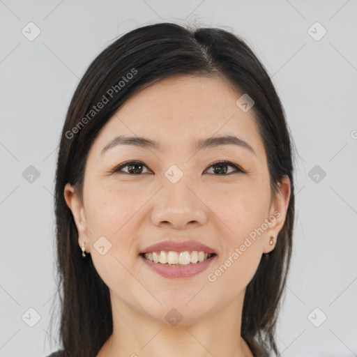 Joyful white young-adult female with medium  brown hair and brown eyes