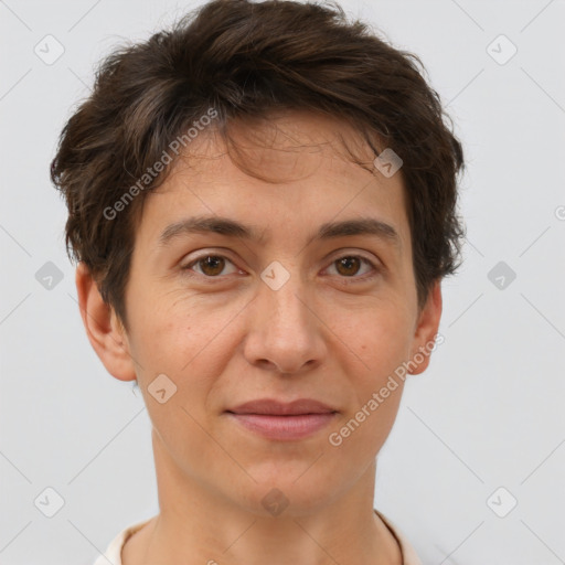 Joyful white adult female with short  brown hair and brown eyes